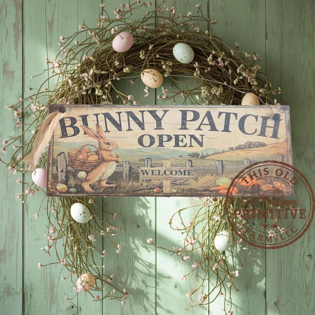 Primitive Bunny Patch Open Sign – Rustic Easter Welcome Decor, Folk Art