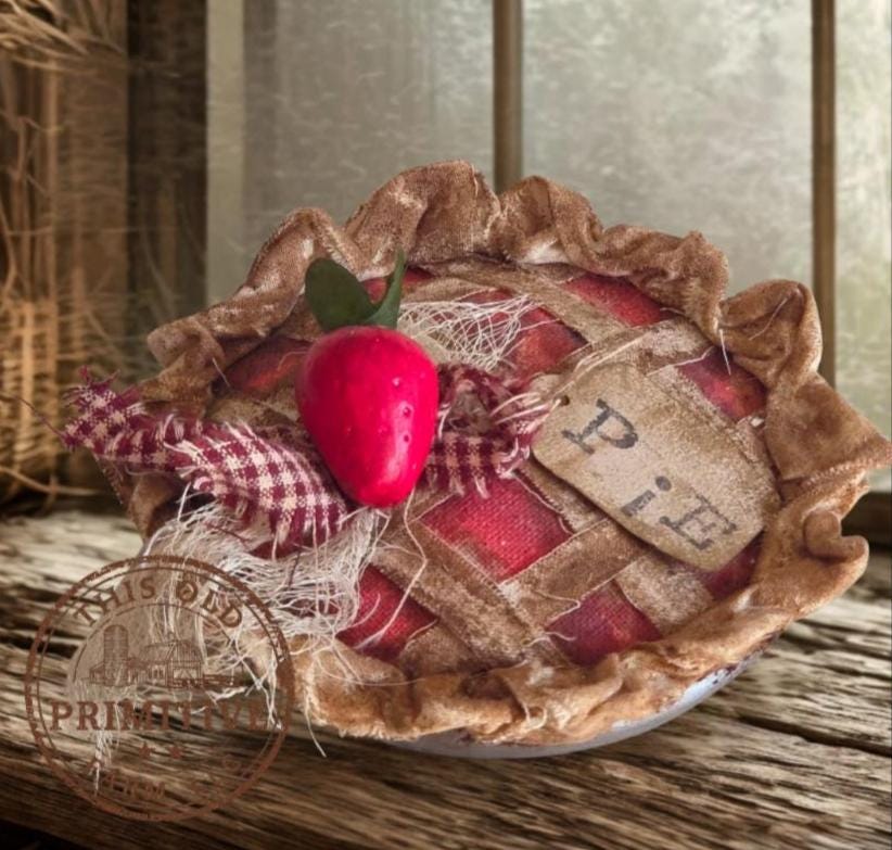 Primitive Strawberry Pie Pillow or Faux Pie | Americana Farmhouse Decor | Rustic Kitchen Decor | Baked Fresh Daily | Primitive Shelf Decor