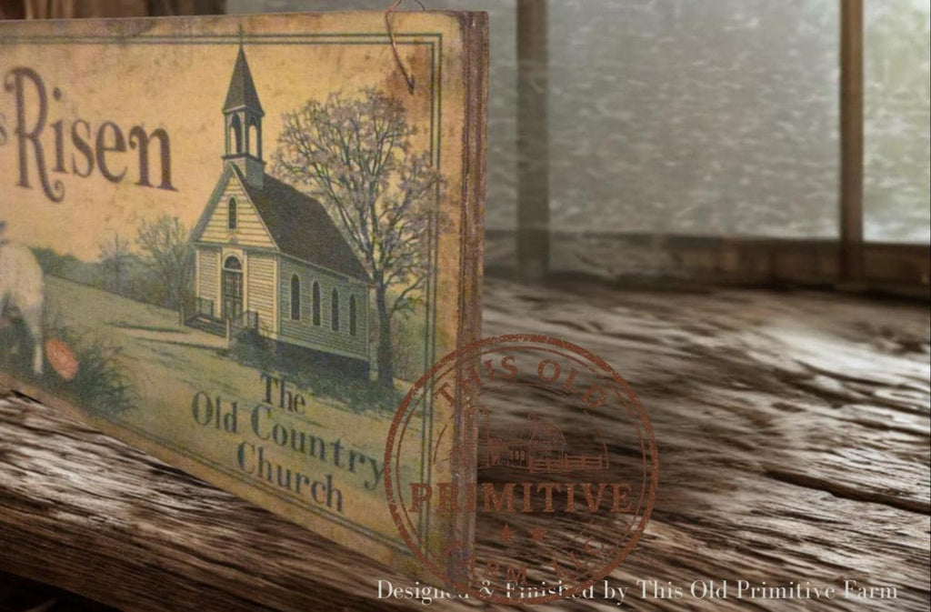 Primitive Easter Wood Sign – He Is Risen, Country Church, Lamb – Rustic Farmhouse Decor