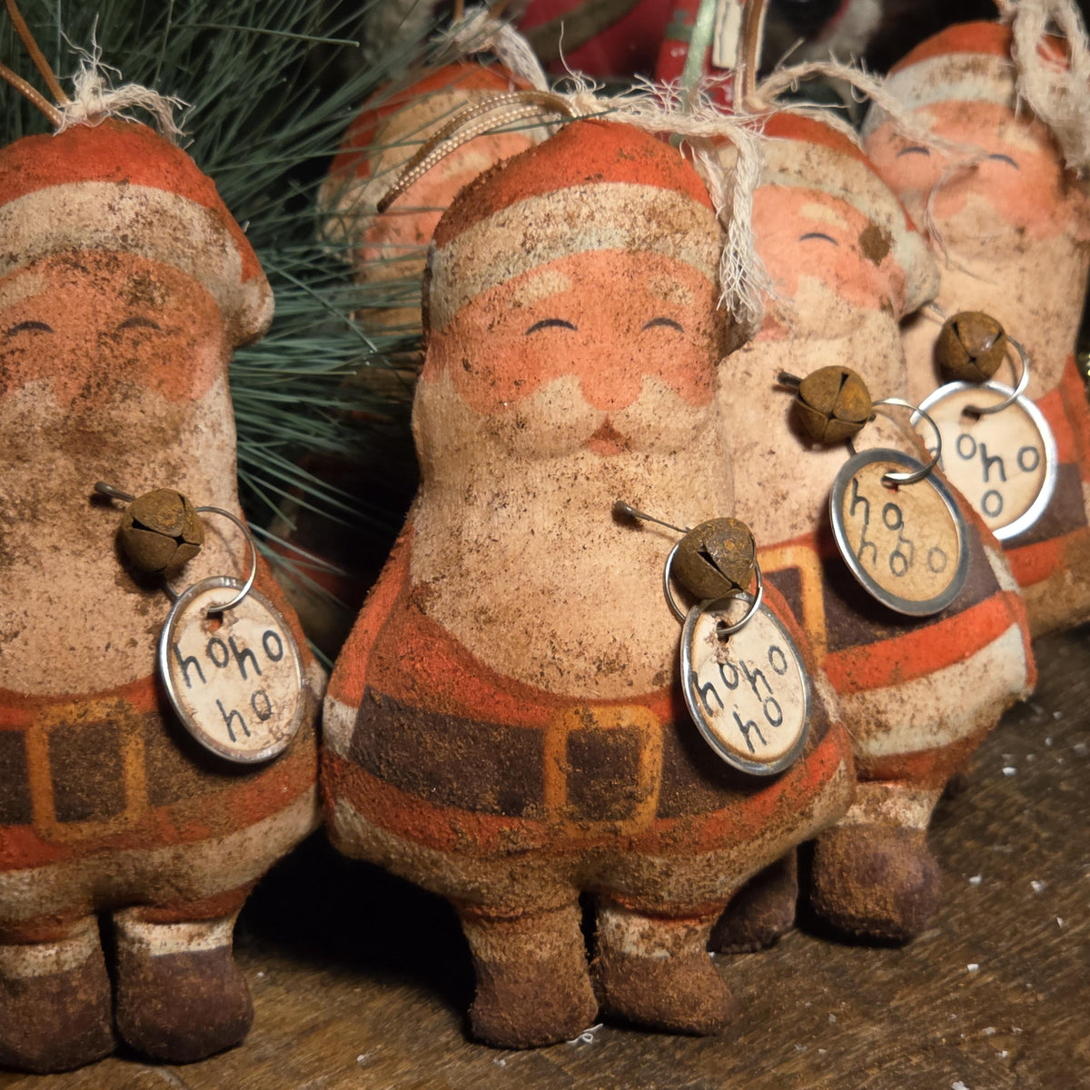 Primitive Cinnamon Grunged Santa Ornament, Sleigh Rides Hangtag and faux pine sprig