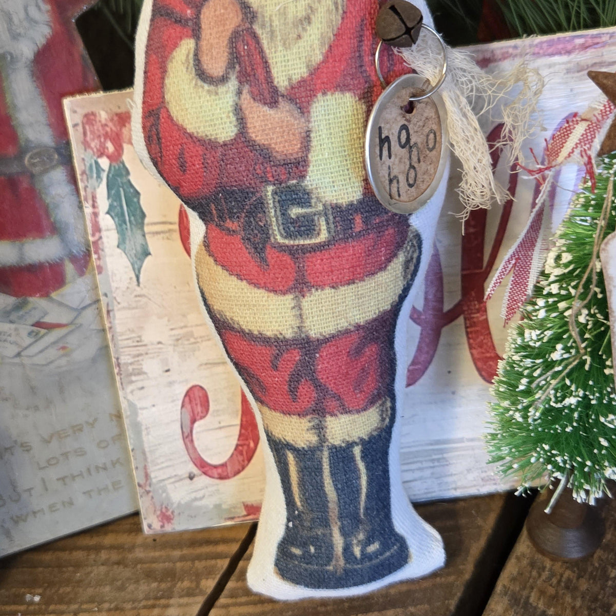 Primitive Santa Christmas Decor | Rustic Farmhouse Santa Gift | Bottle Brush Tree with Rusty Star on Wooden Spool | Nostalgic Holiday Shelf