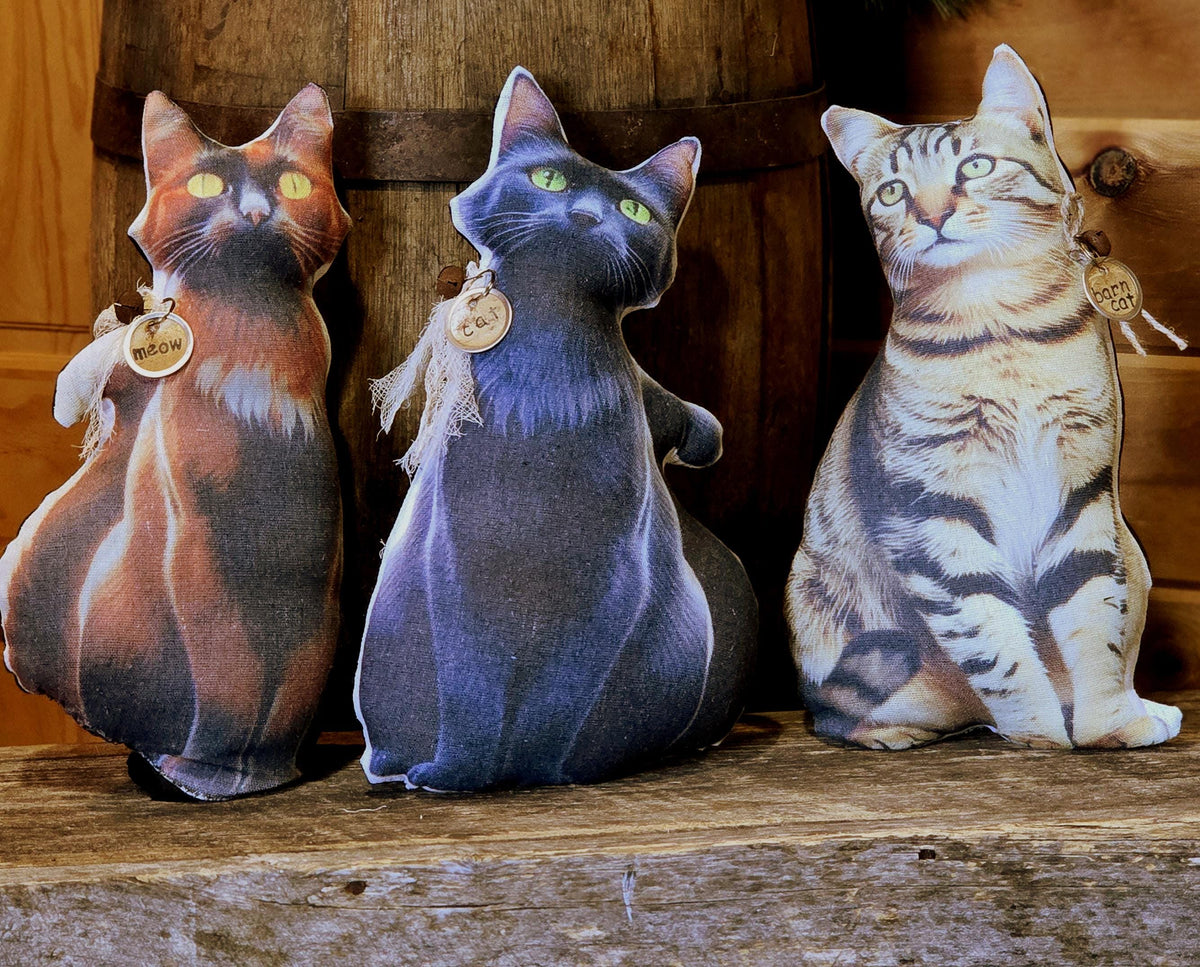 Handmade Primitive Cat Pillow: Rustic Farmhouse Decor with Meow Tag