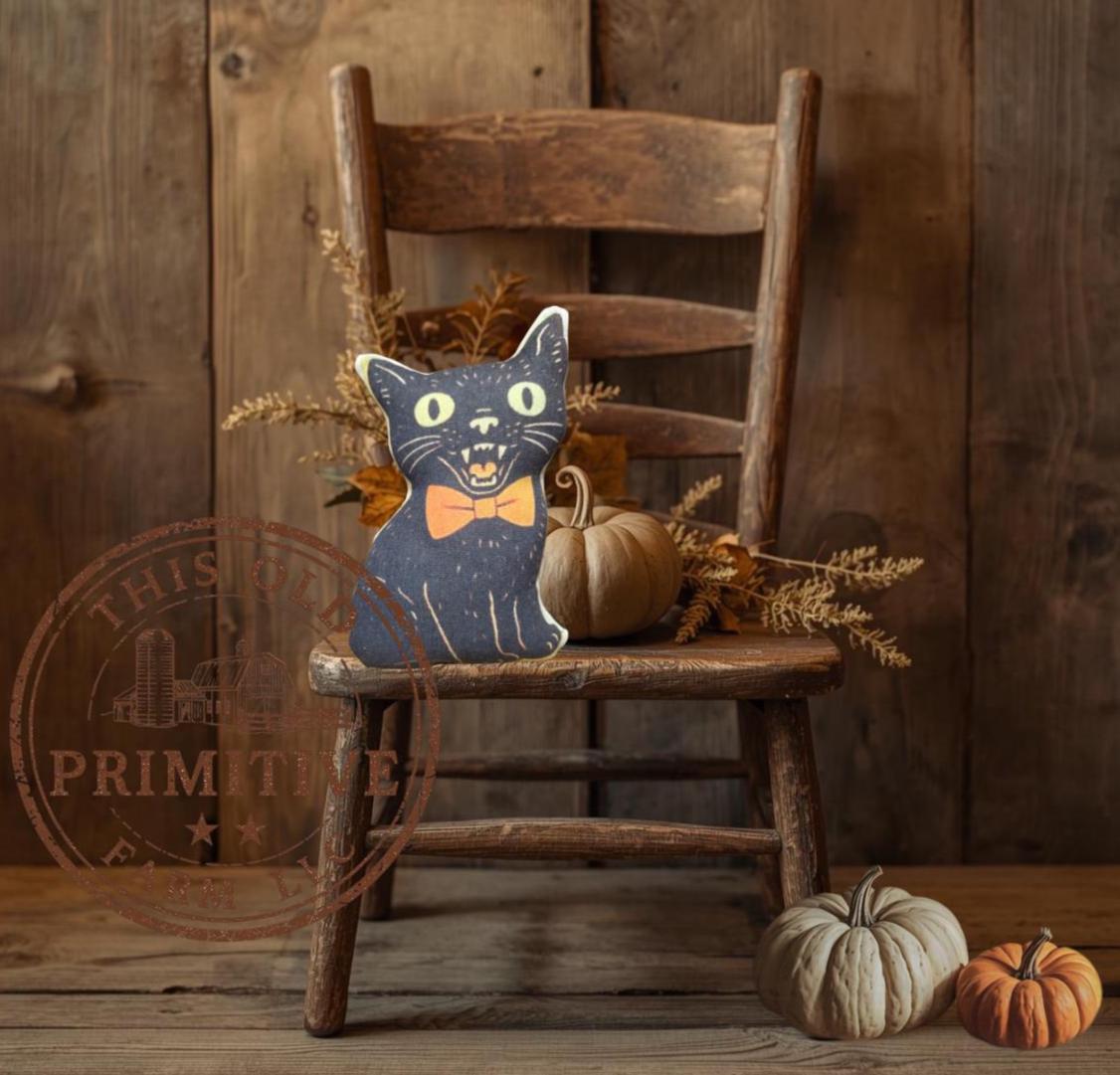 Primitive Halloween Black Cat Pillow Tuck | Spooky Kitty Shelf Sitter | Small Handmade Farmhouse Decor
