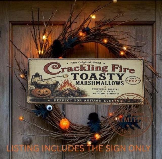 Crackling Fire Toasty Marshmallows Halloween Sign | Primitive Folk Art Wood Decor