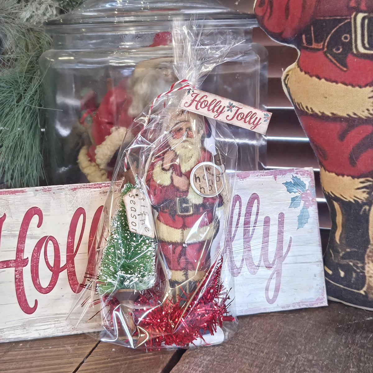 Primitive Santa Christmas Decor | Rustic Farmhouse Santa Gift | Bottle Brush Tree with Rusty Star on Wooden Spool | Nostalgic Holiday Shelf