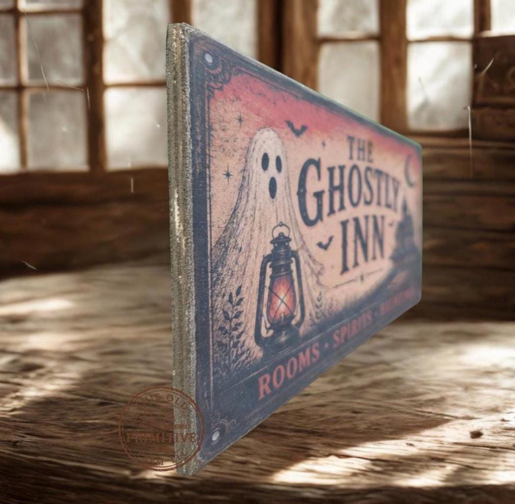 Primitive Halloween Ghostly Inn Sign | Rustic Folk Art Wood Decor (13 x 5)