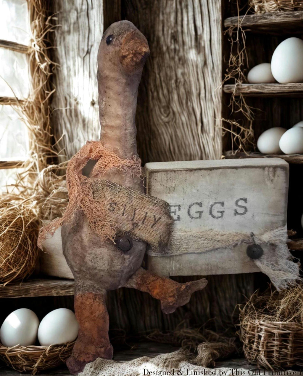 Primitive Farmhouse Goose Shelf Sitter | Rustic Spring Easter Decor, Hand-Stamped EGGS Wood Block
