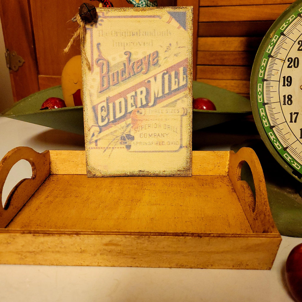 Faux Primitive Cinnamon Sugar Donuts Display | Rustic Wooden Tray, Aged Cider Mill Sign