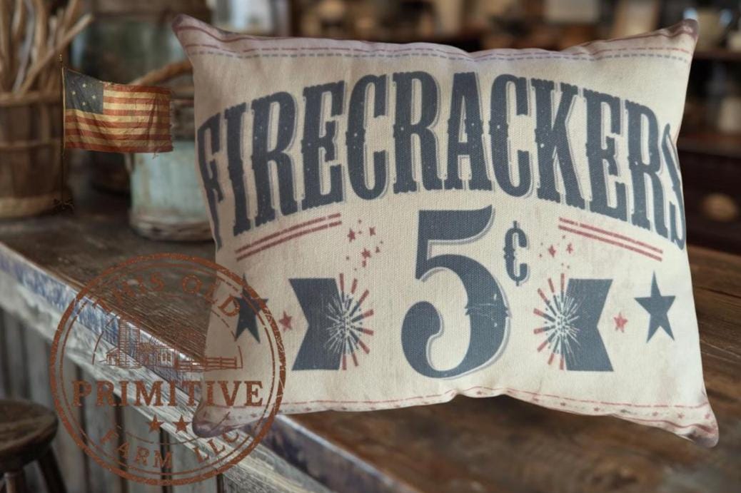 Firecrackers 5 Cents Pillow | Americana Farmhouse July 4th Decor