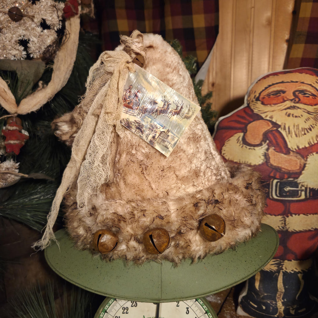 Premium Limited Edition Primitive Rustic Santa Hat Tree Topper | Handcrafted Cream Plush with Rusty Jingle Bells