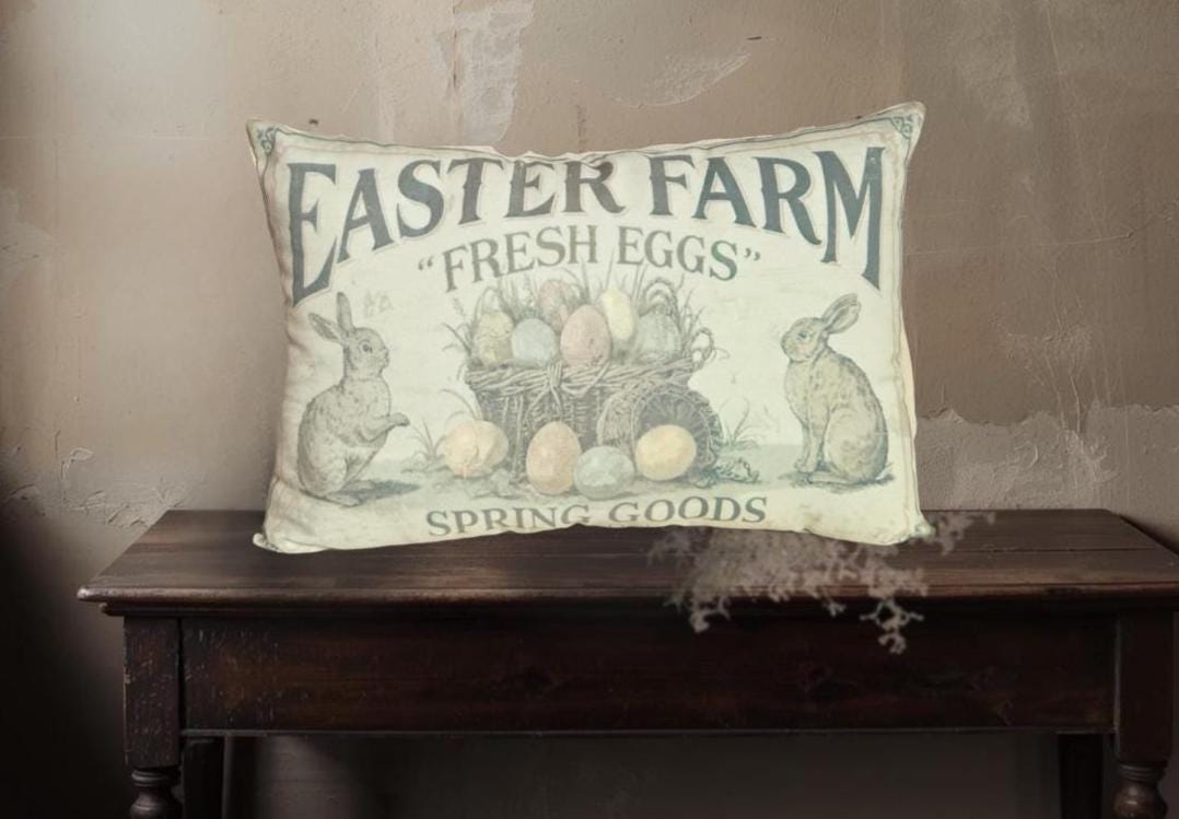 Primitive Easter Farm Fresh eggs Pillow – Farmhouse Spring Decor – Vintage Bunny Market Accent 12x17