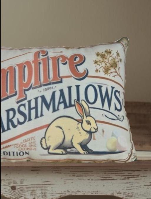 Primitive Campfire Marshmallows Pillow – Rustic Cabin Decor, Spring Edition (12x17)