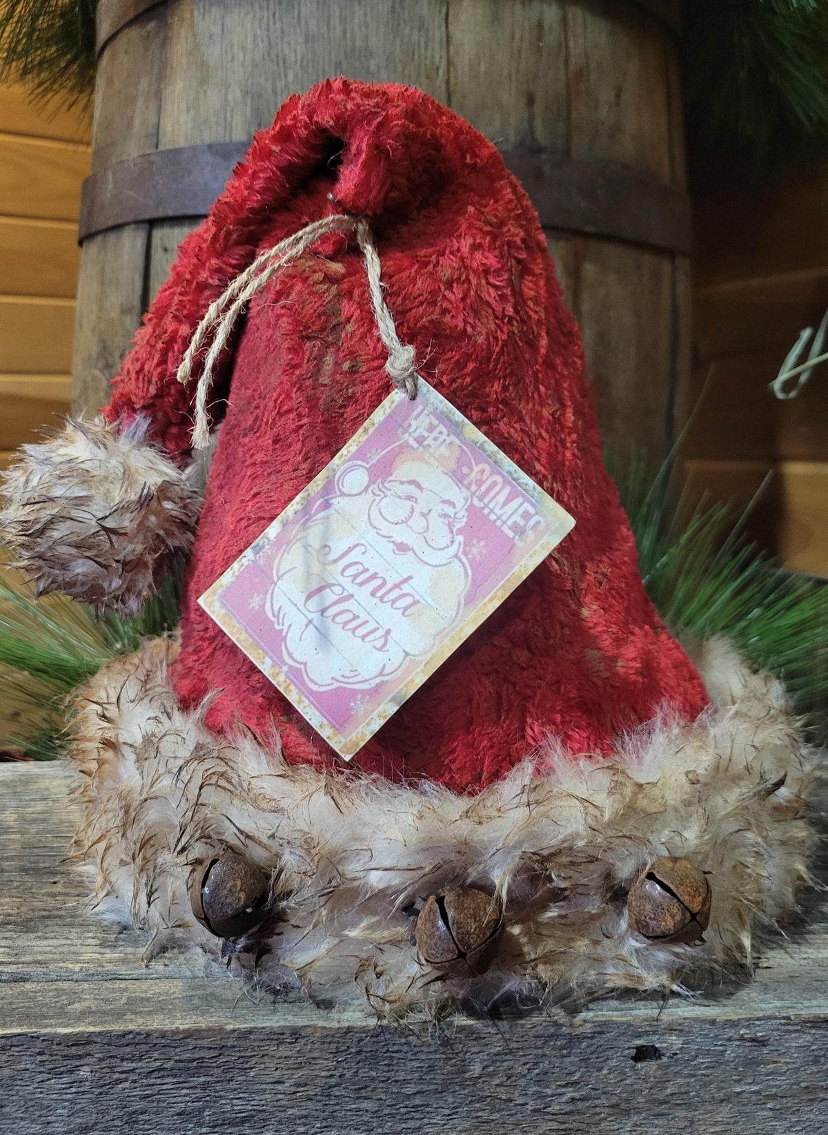 Handcrafted Primitive Farmhouse Santa Hat | Nostalgic Plush Santa with Rusty Jingle Bells | Limited Edition Rustic Shelf Sitter