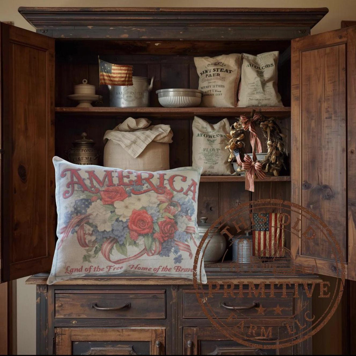 Primitive America Floral Pillow | Patriotic Farmhouse Decor, Folk Art Accent