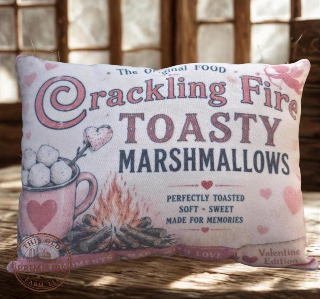 Crackling Fire Toasty Marshmallows Pillow | Vintage Valentine Decor, Rustic Farmhouse Shelf Sitter