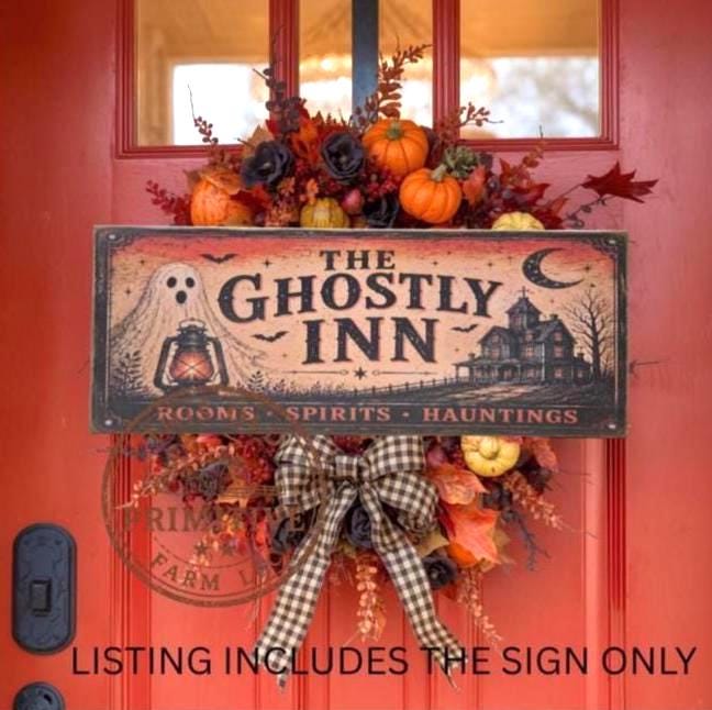 Primitive Halloween Ghostly Inn Sign | Rustic Folk Art Wood Decor (13 x 5)