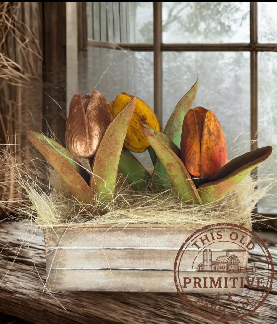 Primitive Tulip Crate – Farmhouse Spring Market Arrangement, Rustic Decor