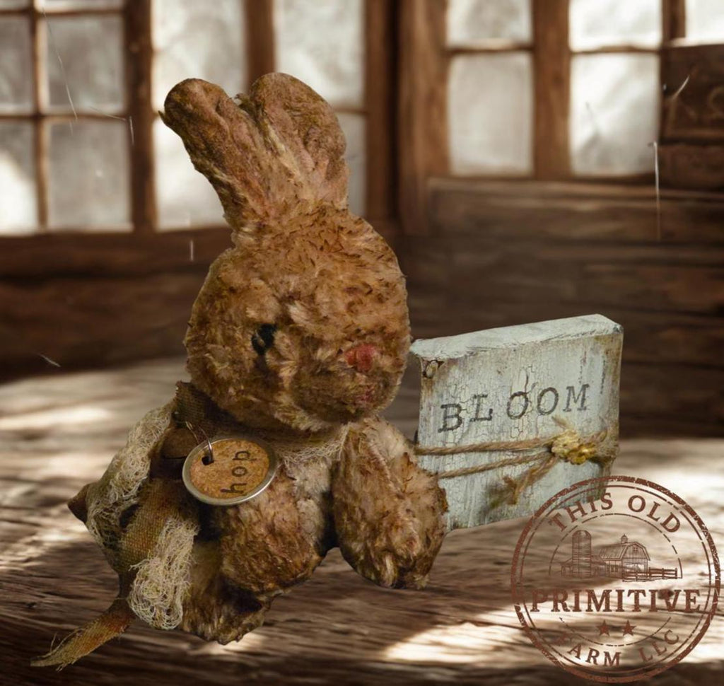 Primitive Grunged Bunny Shelf Sitter – Handmade Spring Bunny Decor – Rustic Farmhouse Easter Bunny with Wood Block Sign