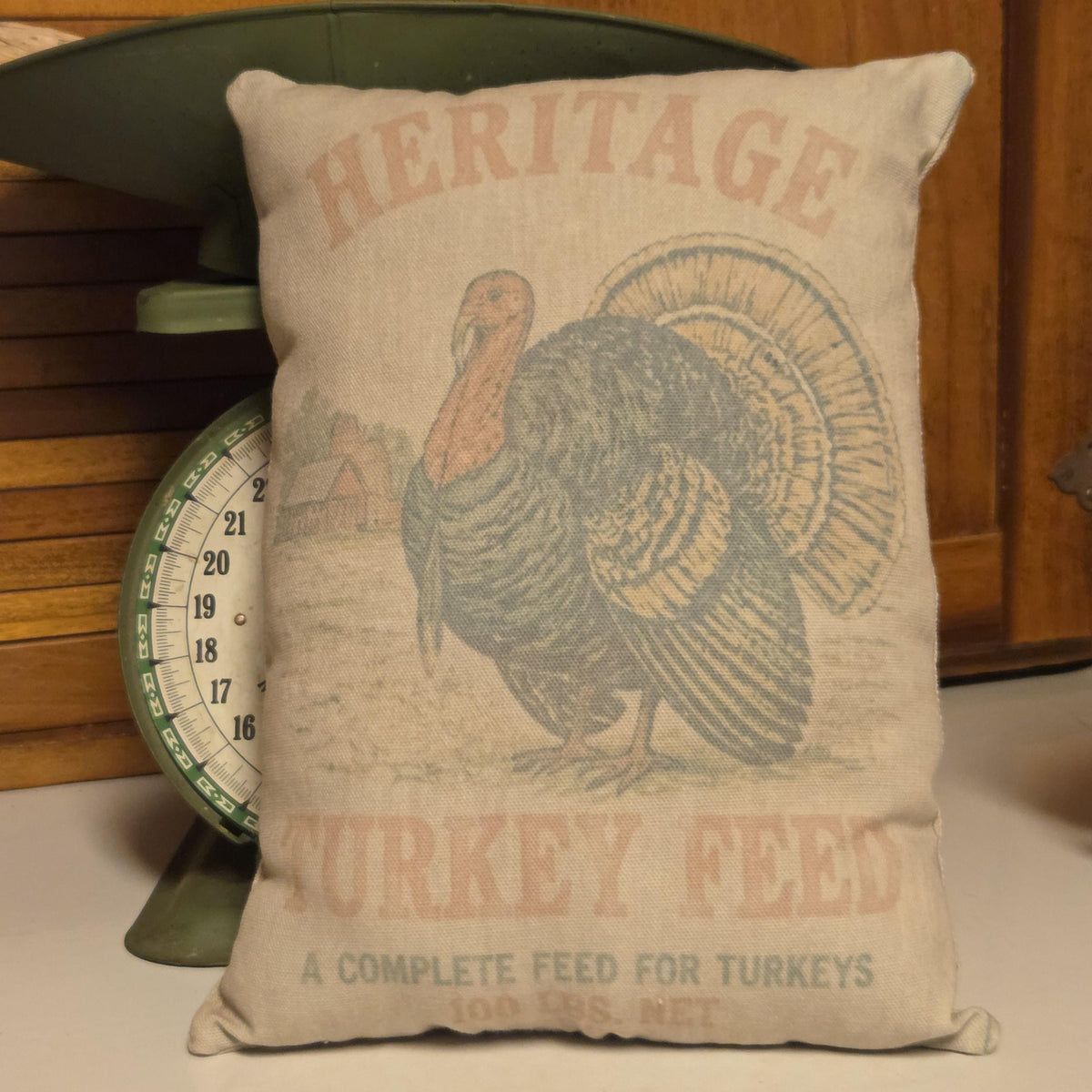 Heritage Turkey Feed Pillow, Thanksgiving Feedsack Shelf Sitter, Primitive Farmhouse Fall Decor