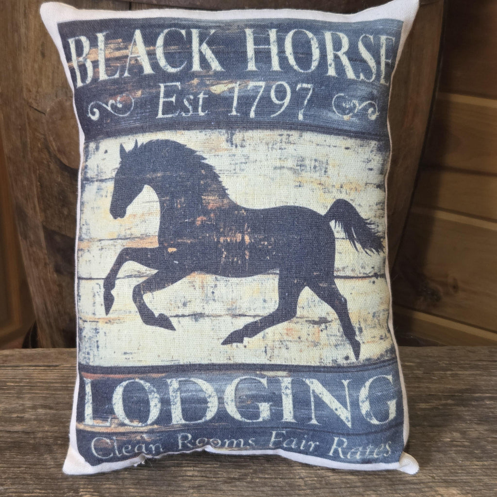 Primitive Black Horse Inn Pillow | Folk Art Farmhouse Horse Decor