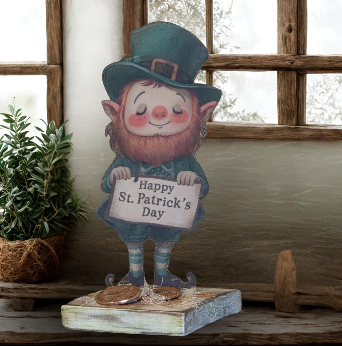Limited Edition Primitive St. Patrick’s Leprechaun Shelf Decor – Handmade Folk Art Accent