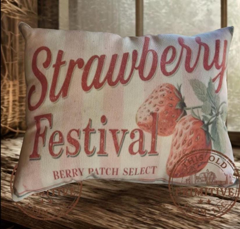 Strawberry Festival Pillow | Primitive Farmhouse Berry Crate Decor (12x9)