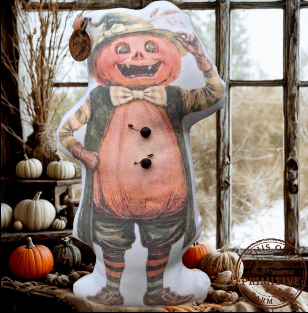 Primitive Mr. Pumpkin Patch Pillow Doll | Vintage Halloween Folk Art Decor