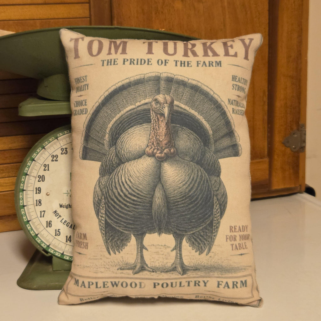 Tom Turkey Pillow, Thanksgiving Feedsack Shelf Sitter, Primitive Farmhouse Fall Decor