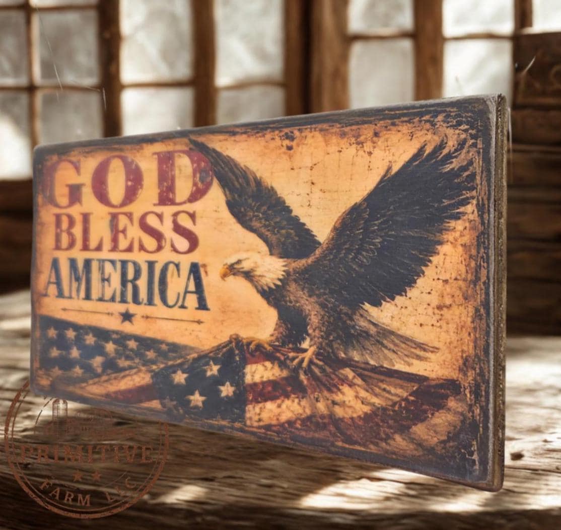Primitive God Bless America Eagle Flag Sign – Rustic Americana Farmhouse Decor