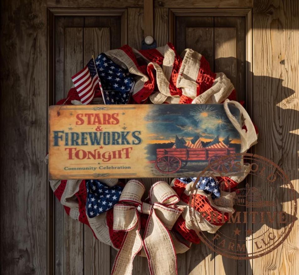 Primitive Stars and Fireworks Tonight Sign – Rustic Farmhouse Americana Decor – Folk Art Patriotic Sign