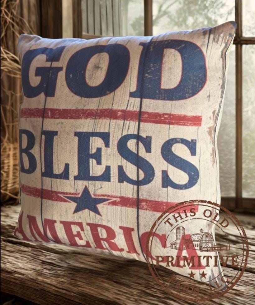 God Bless America Pillow | Primitive Americana Farmhouse Decor (12x12")