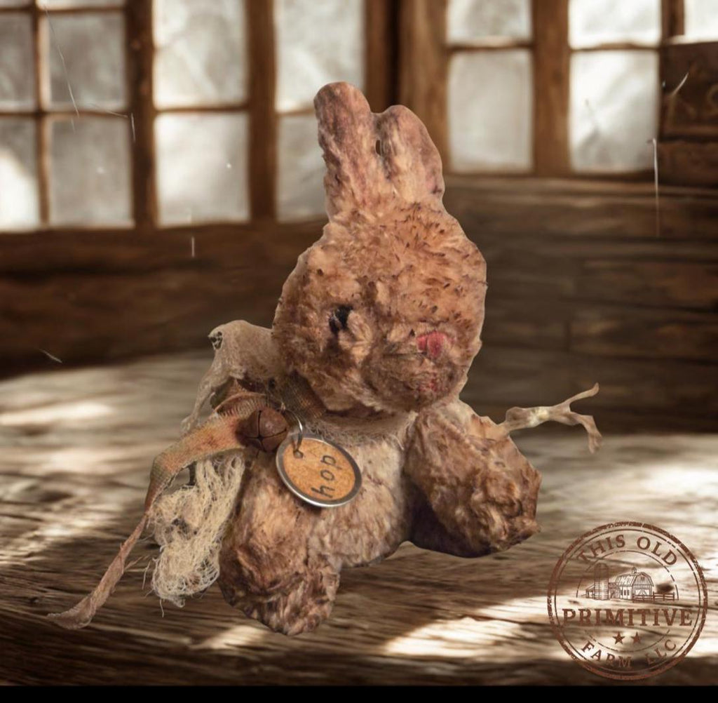 Primitive Grunged Bunny Shelf Sitter – Handmade Spring Bunny Decor – Rustic Farmhouse Easter Bunny with Wood Block Sign