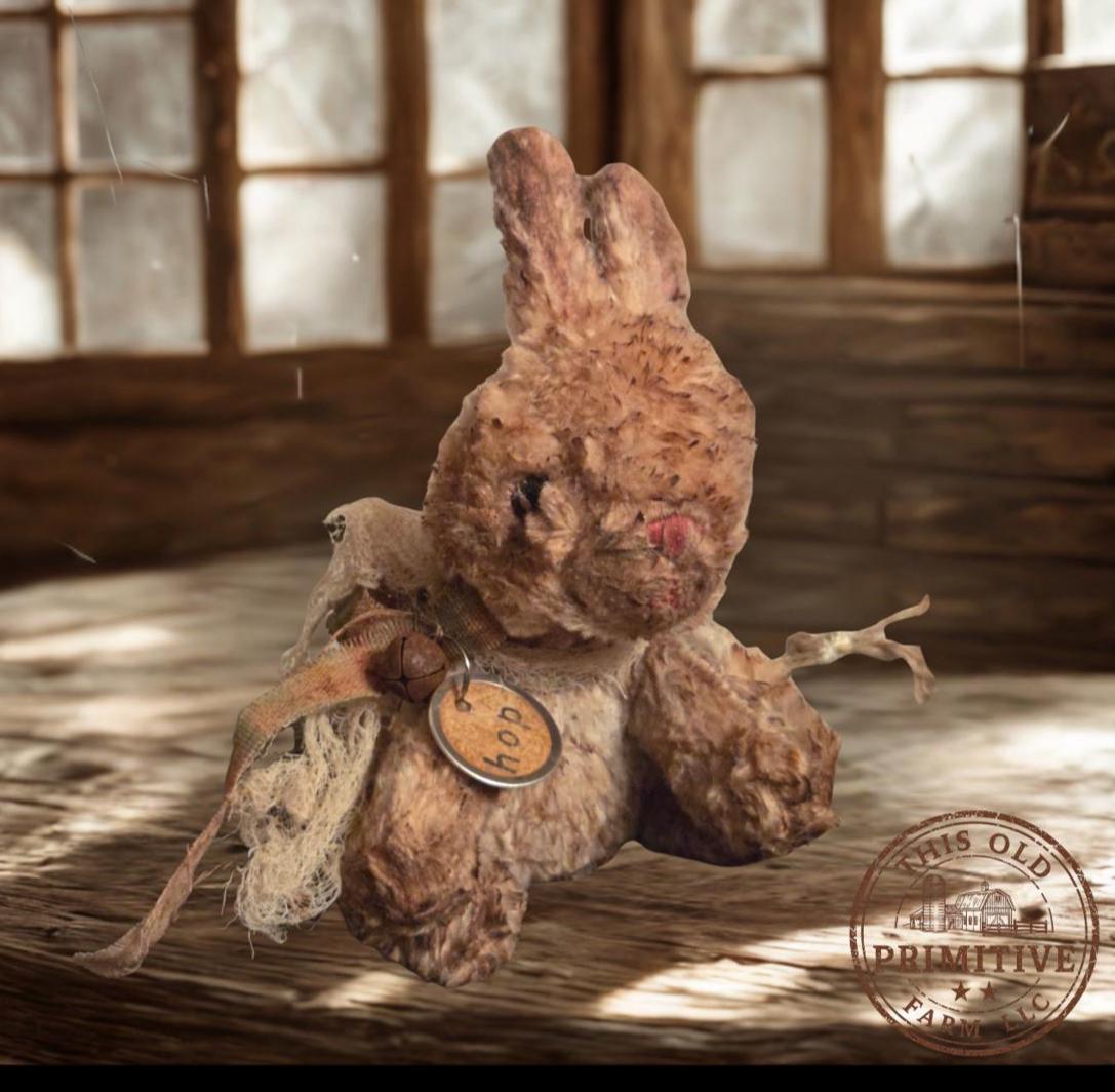 Primitive Grunged Bunny Shelf Sitter – Handmade Spring Bunny Decor – Rustic Farmhouse Easter Bunny with Wood Block Sign