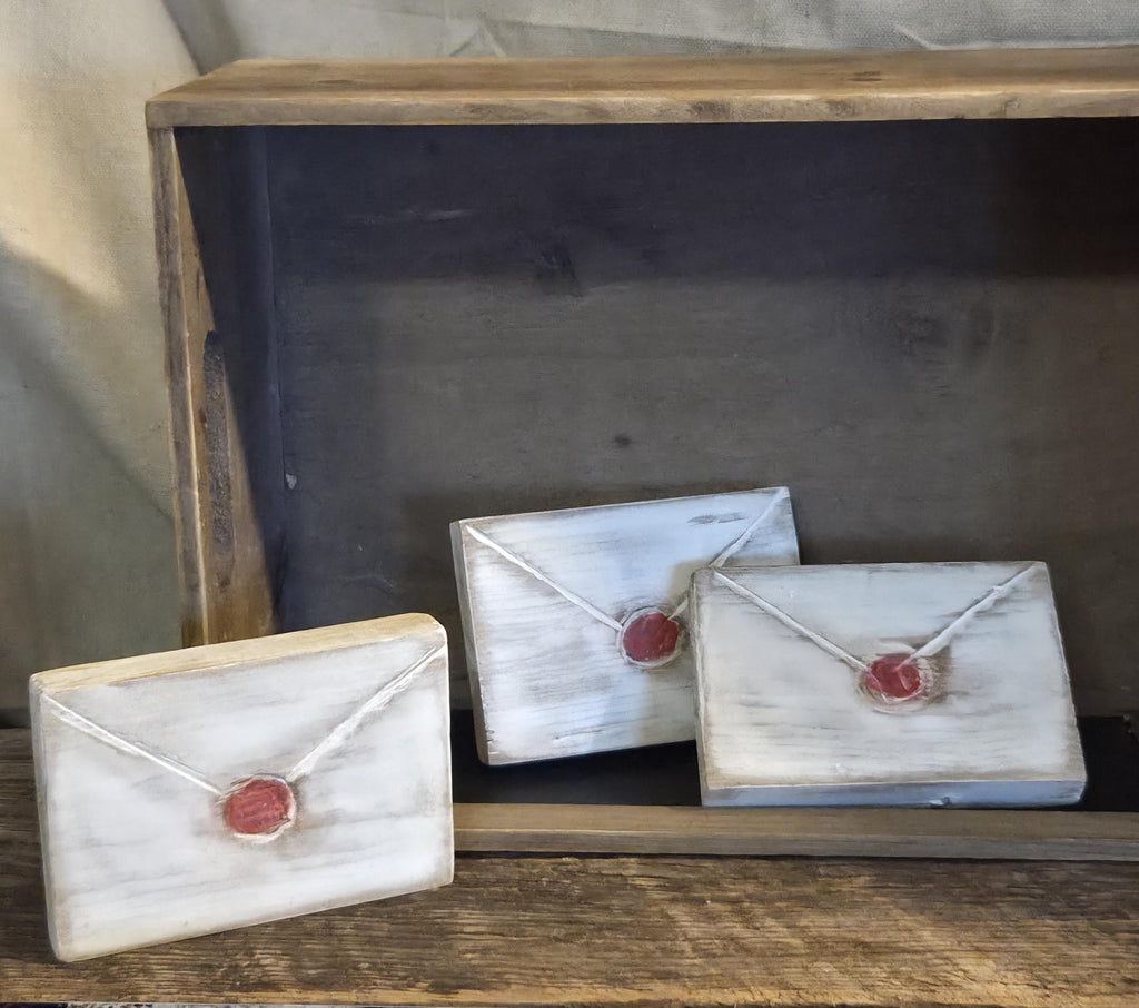 Primitive Valentine Wood Envelope Set | Hand Cut & Carved Love Letters with Faux Red Wax Seal Decor