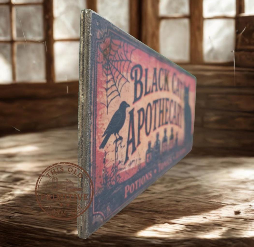 Primitive Black Cat Apothecary Sign | Vintage Halloween Folk Art Wood Decor (13" x 5")