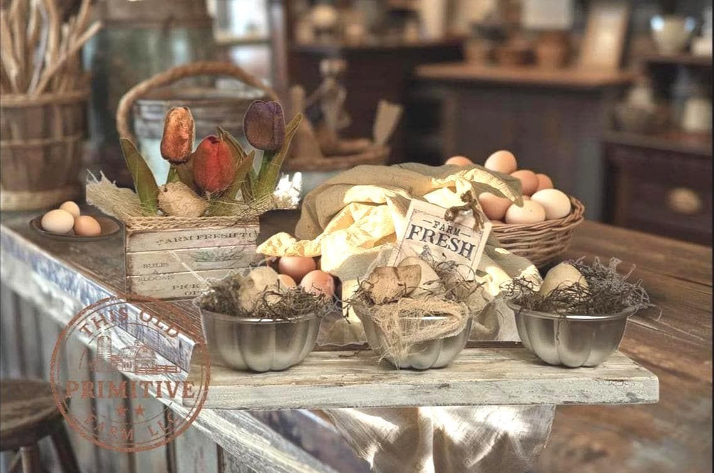 Primitive Farm Fresh Eggs Mercantile Pantry Display | Rustic Egg Bowl Shelf Sitter | Distressed Farmhouse Spring Easter Decor
