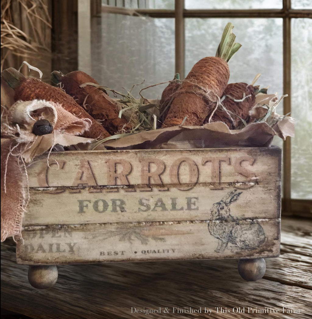 Primitive Carrot Crate Display – Rustic Farmhouse Spring Decor, Cinnamon Carrots
