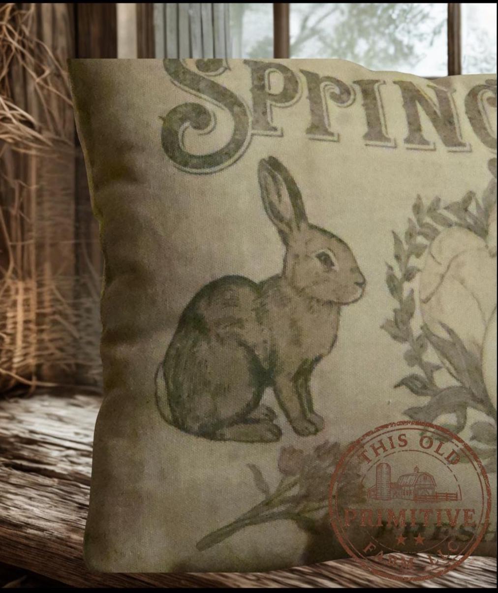 Primitive Easter Spring Market Pillow – Farmhouse Spring Decor – Vintage Bunny Accent 12x17