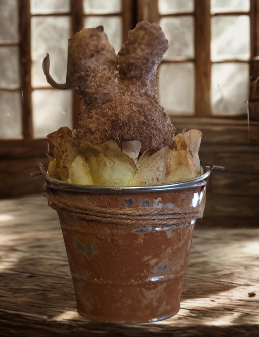 Primitive Cinnamon Grunged Bunny Pail – Mercantile Spring Shelf Accent – Farmhouse Easter Decor