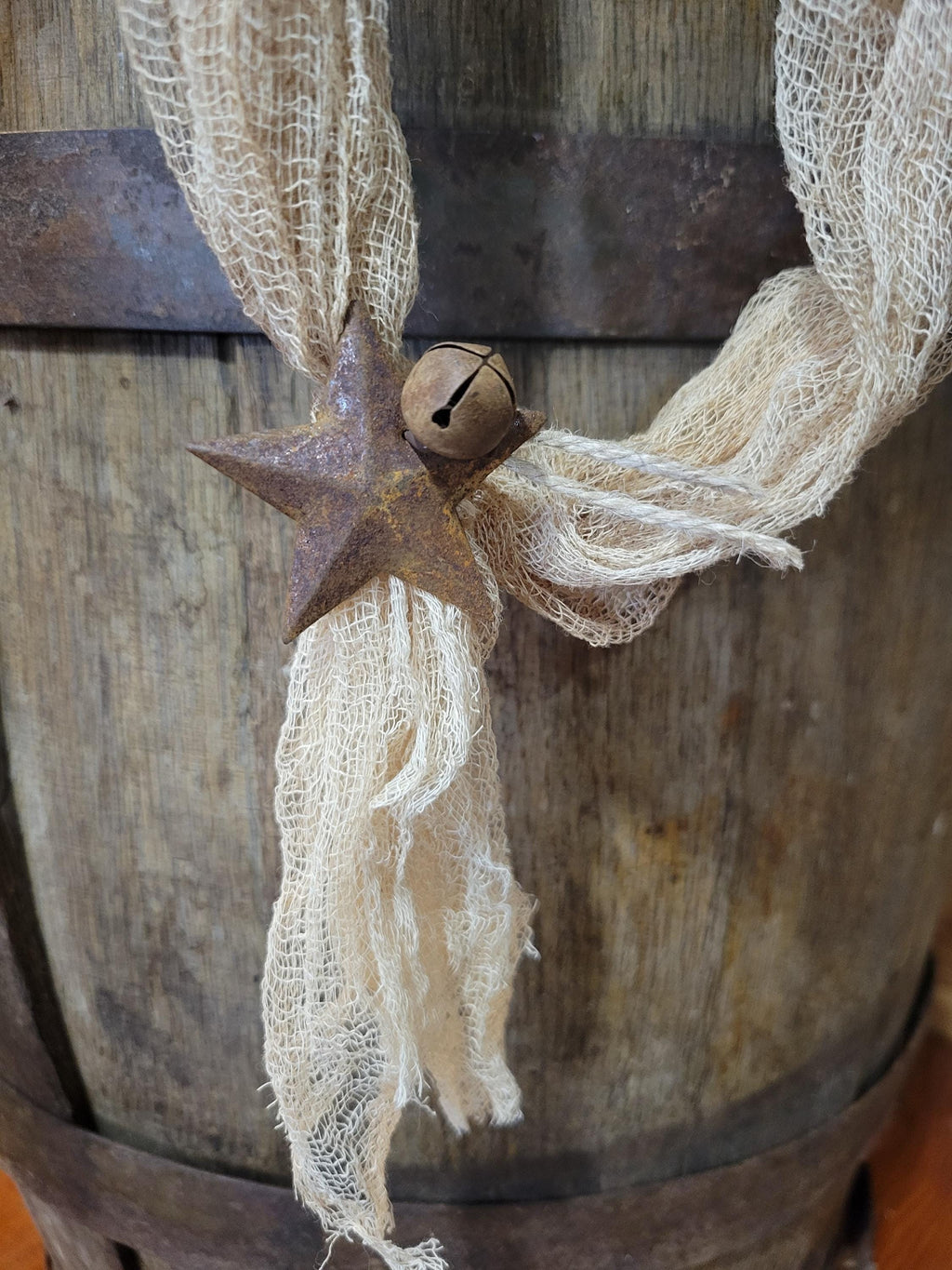 Farmhouse Christmas Garland: Coffee Stained Cheesecloth with Bells & Stars