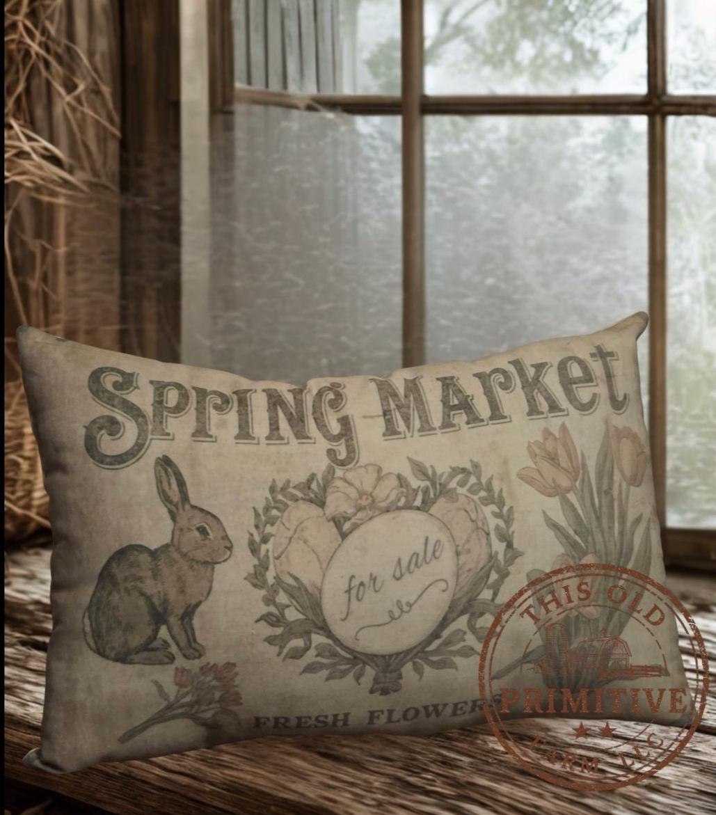 Primitive Easter Spring Market Pillow – Farmhouse Spring Decor – Vintage Bunny Accent 12x17