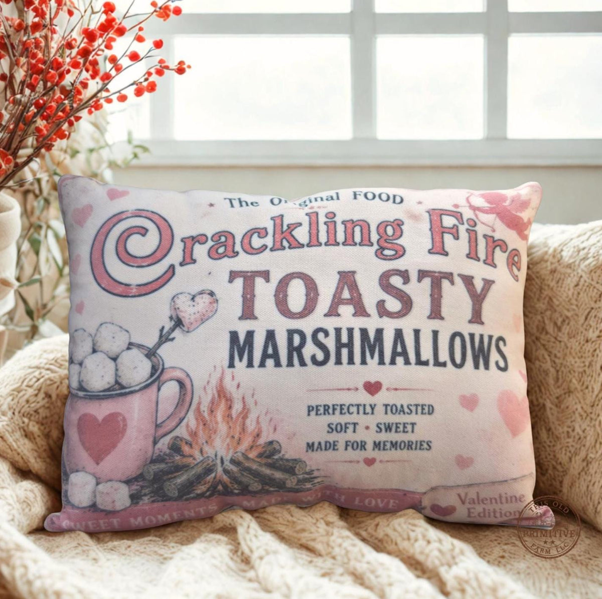 Crackling Fire Toasty Marshmallows Pillow | Vintage Valentine Decor, Rustic Farmhouse Shelf Sitter
