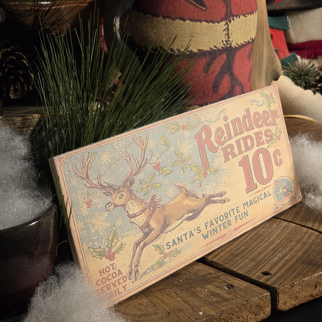 Handmade Reindeer Rides 10 cents Wood Sign | Rustic Farmhouse Christmas Decor (13x5)