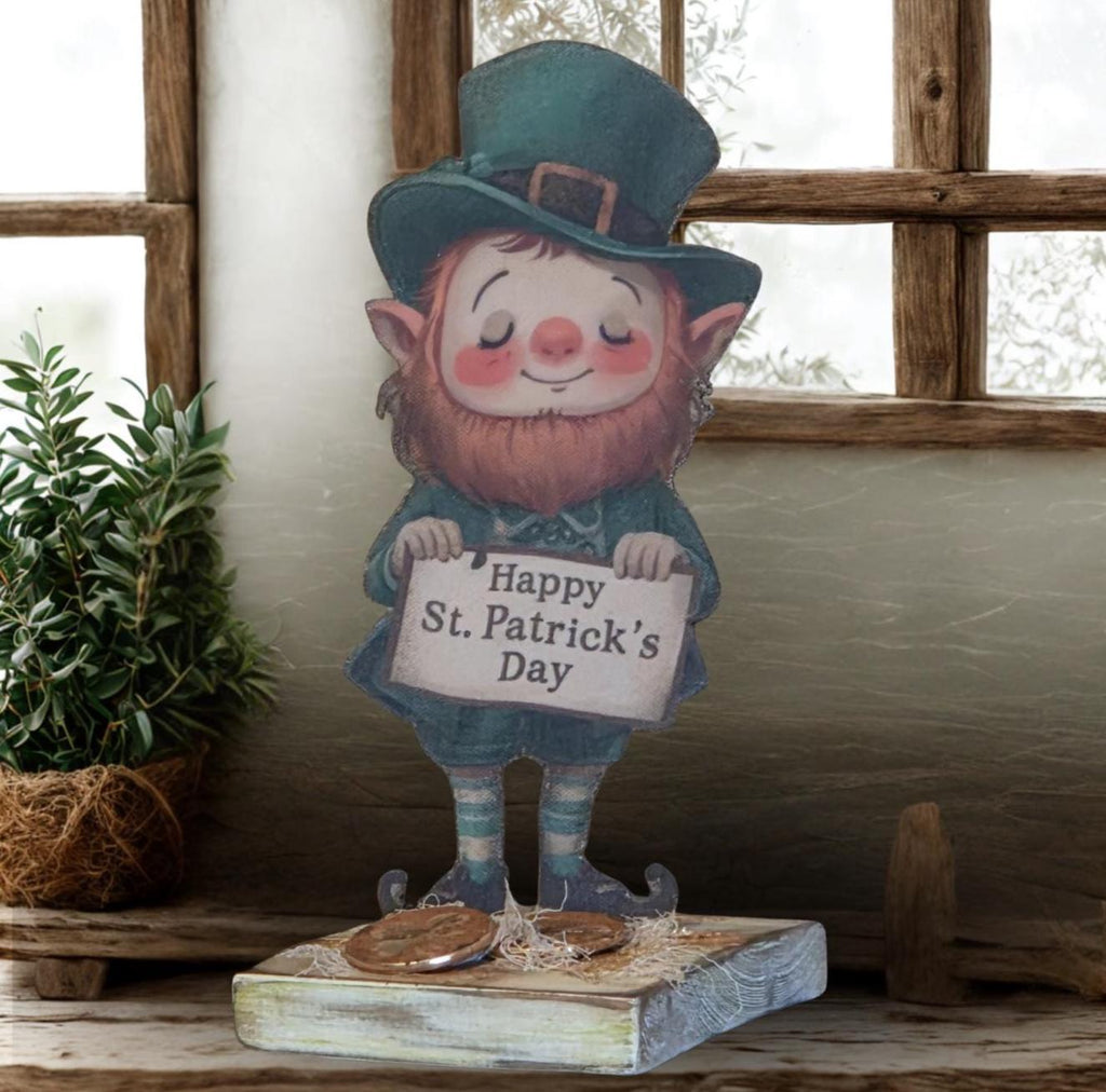 Limited Edition Primitive St. Patrick’s Leprechaun Shelf Decor – Handmade Folk Art Accent
