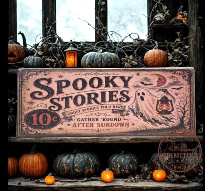 Primitive Spooky Ghost Stories Sign | Vintage Halloween Folk Art Decor (13" x 5")