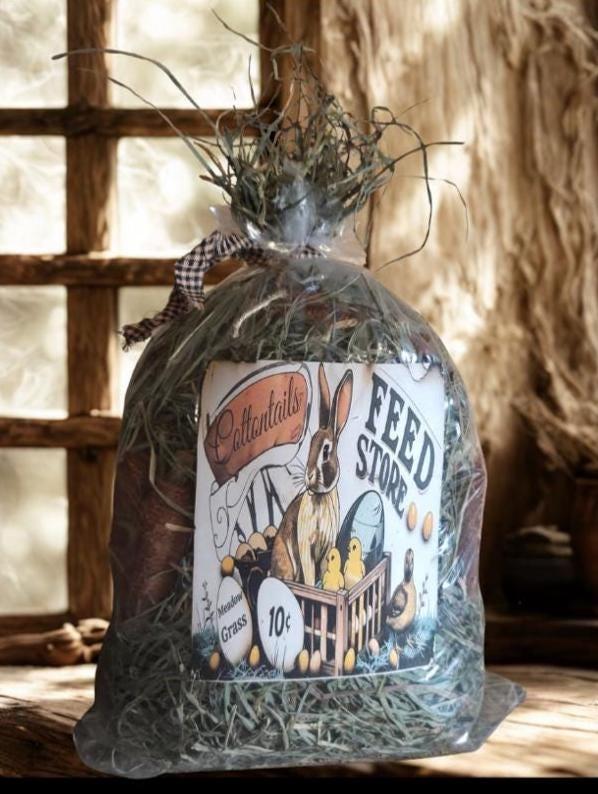 Primitive Cottontails Farm Feed Store Meadow Grass Sack – Basket Filler with Grunged Carrots