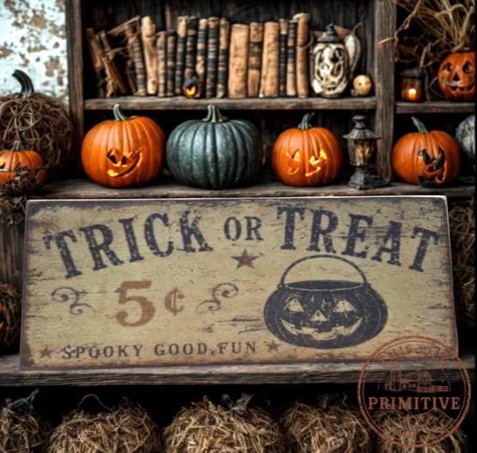 Primitive Halloween Trick or Treat Sign | Rustic Folk Art Wood Decor (13" x 5")