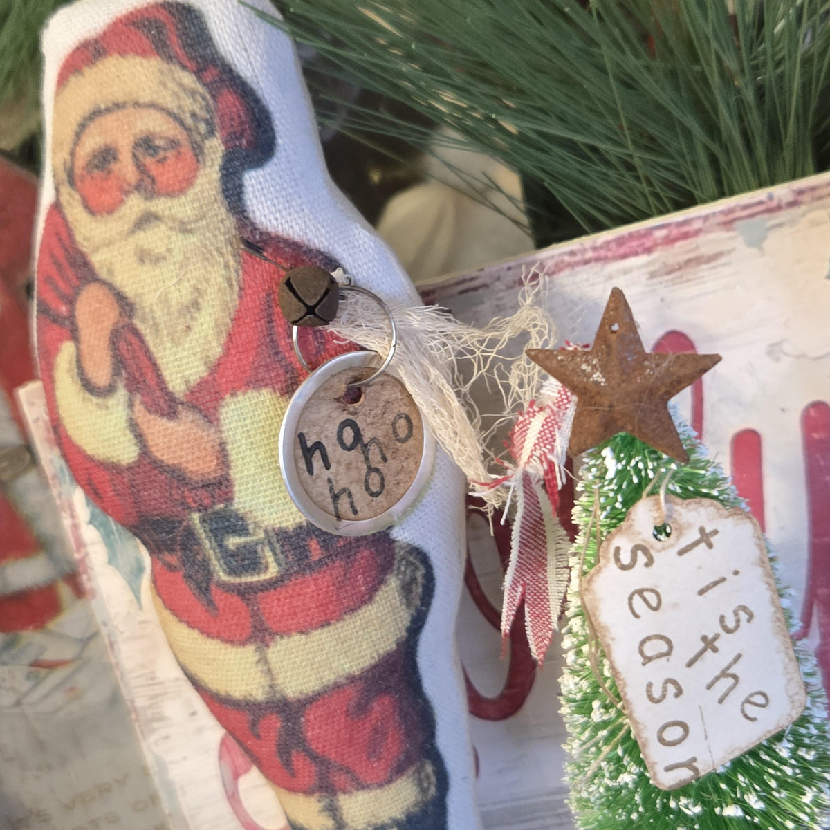 Primitive Santa Christmas Decor | Rustic Farmhouse Santa Gift | Bottle Brush Tree with Rusty Star on Wooden Spool | Nostalgic Holiday Shelf
