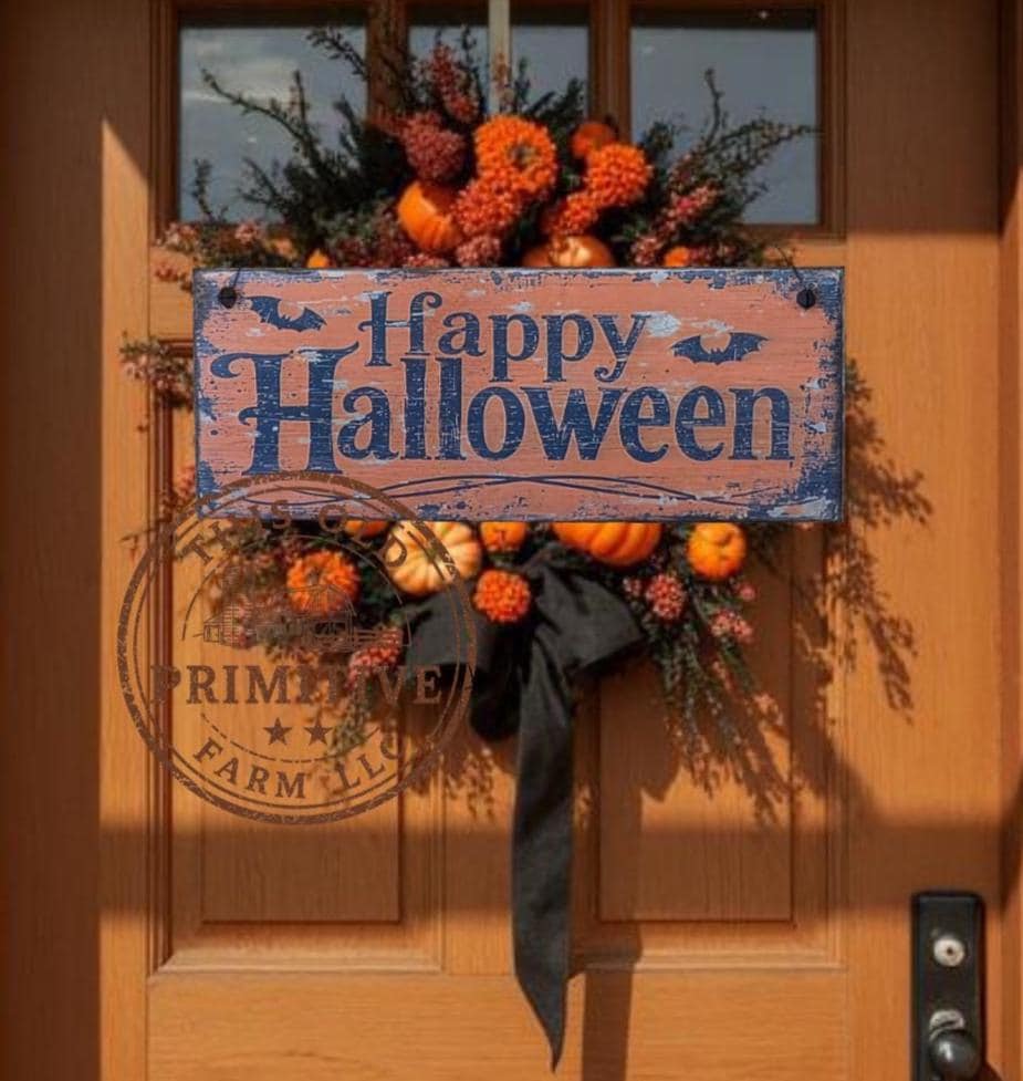 Primitive Happy Halloween Wood Sign | Rustic Farmhouse Folk Art Decor (13" x 5")