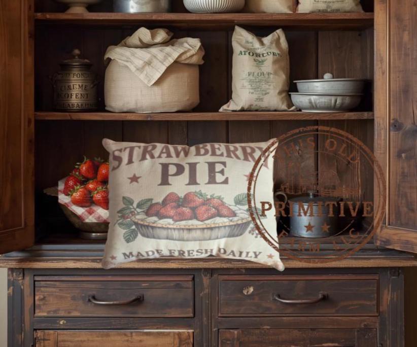 Strawberry Pie Pillow | Primitive Farmhouse Decor | Vintage Bakery Sign (12x9)